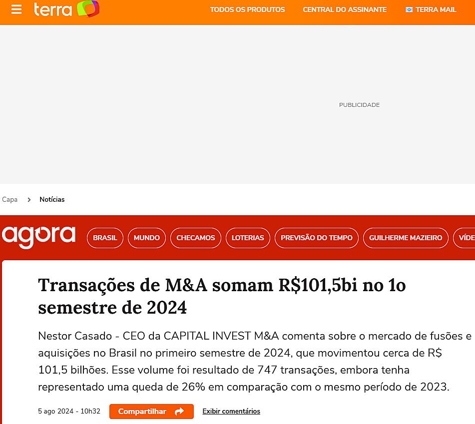 Transaes de M&A somam R$101,5bi no 1o semestre de 2024